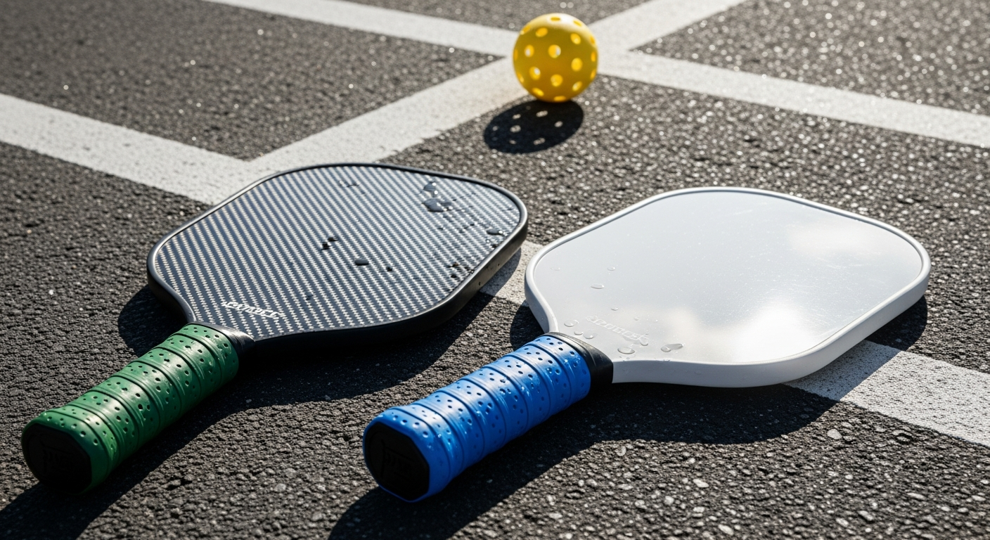 Carbon fiber paddle with dark woven face texture beside a white fiberglass paddle on outdoor pickleball court