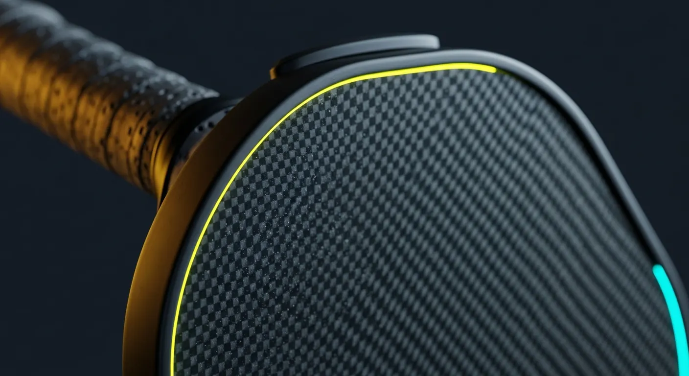 Close-up of a raw carbon fiber pickleball paddle face