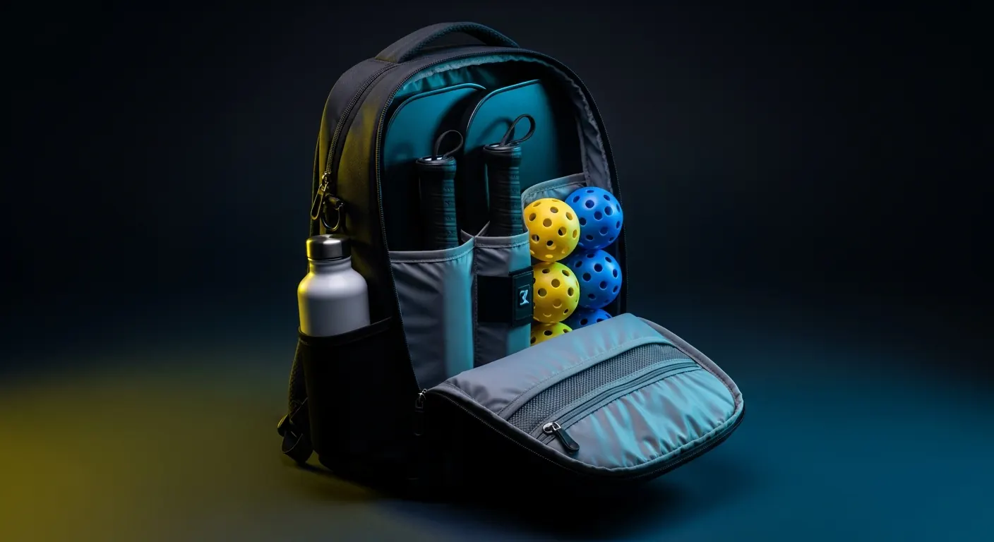 Open pickleball bag with organized paddles and gear