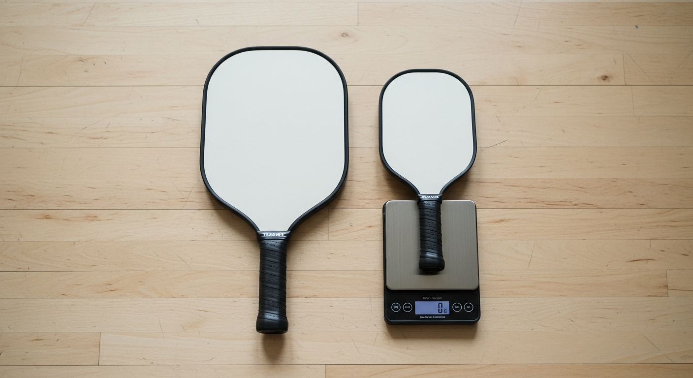 Two pickleball paddles next to a digital kitchen scale showing weight comparison on wood surface