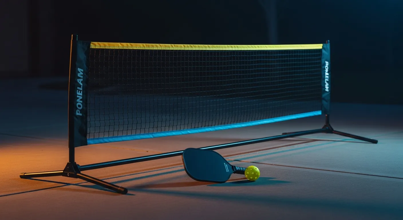 Portable pickleball net set up on a driveway